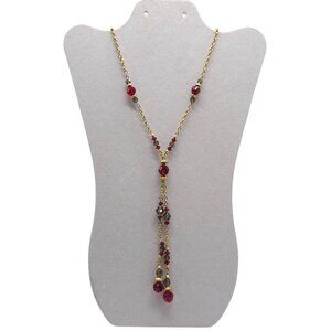 Vintage Napier Gold Tone Necklace Red Smoky Gray Crystal Beads Y-Shape Design